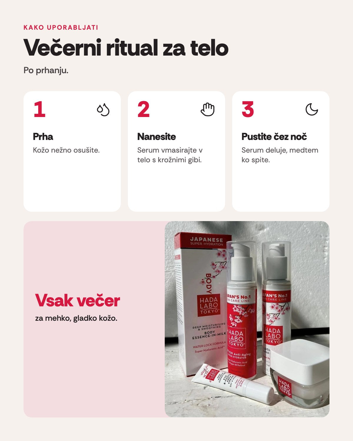 Hada Labo Tokyo Anti-Aging Night Body Serum – uporaba